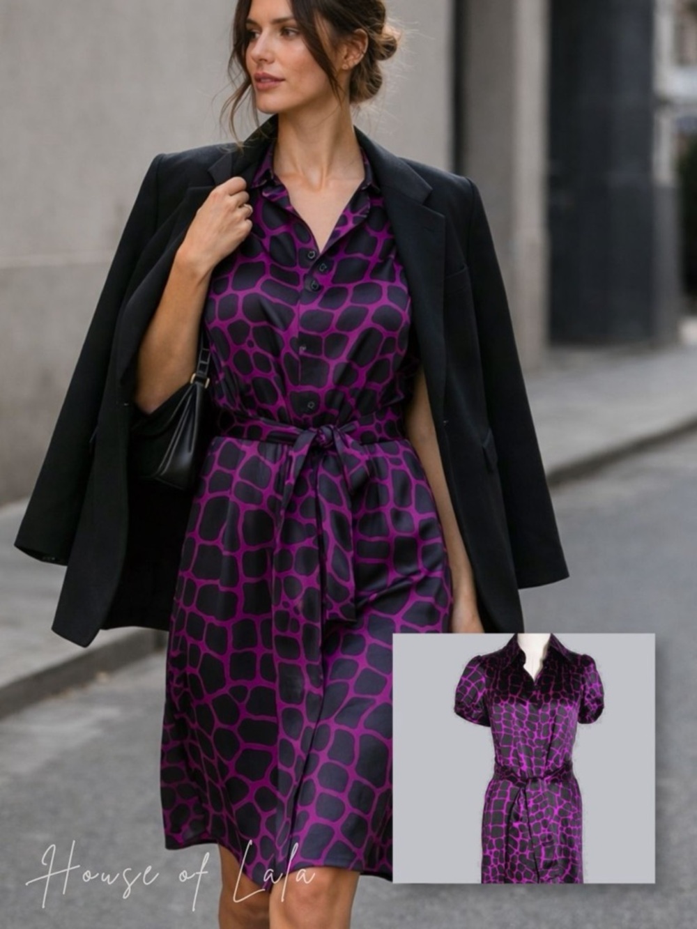 100% Silk NWT Purple Women's Button Down Shirt Dress